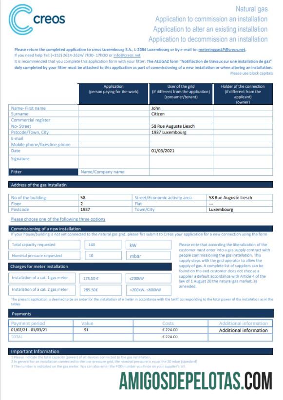 Em branco modelo de fatura de serviços públicos de gás Creos de Luxemburgo em formato Word e PDF